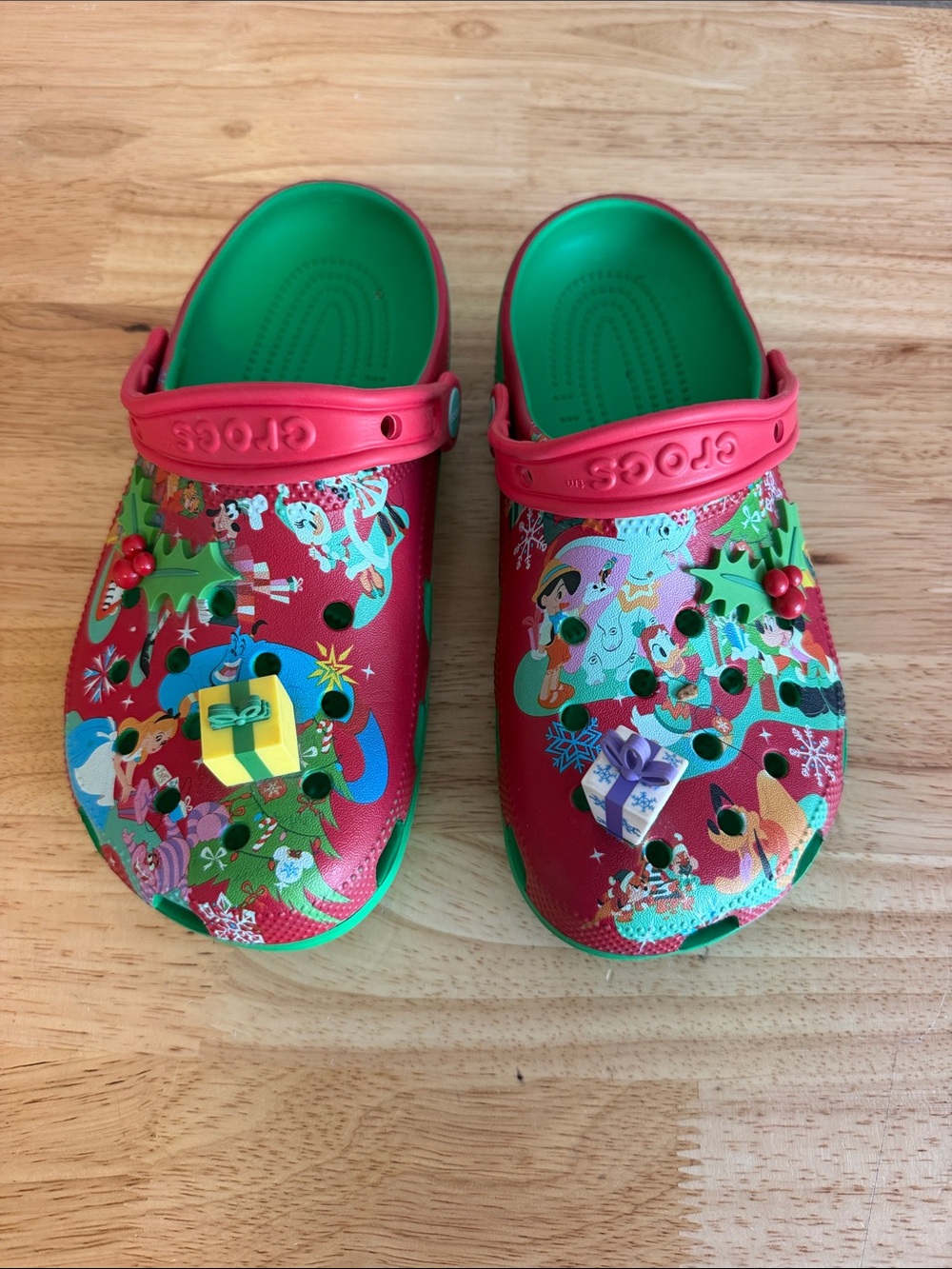 CROCS Red and Green Holiday Graphic Clog Mules
